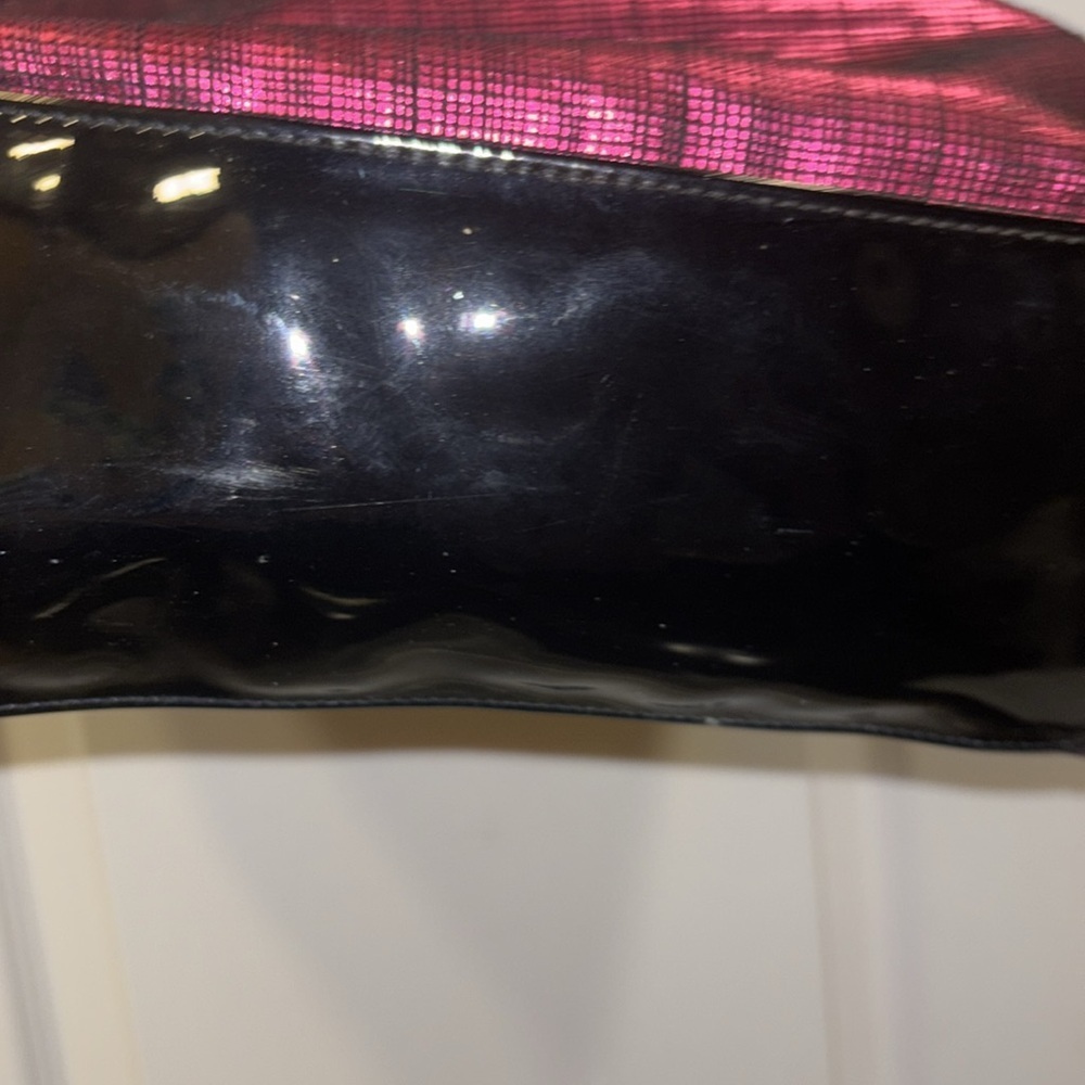 SAKS FIFTH AVE PINK METALLIC TOTE SOFT POLYESTER CLOTH BLACK PATENT LEATHER - Picture 4 of 9